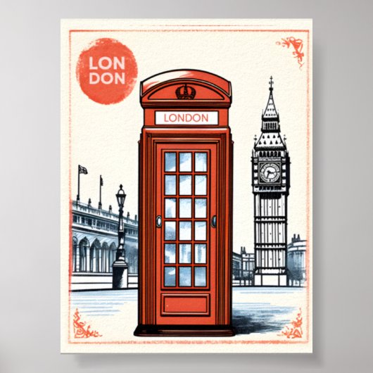 Vintage London City Retro British Phone Booth ポスター (正面)