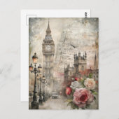 Vintage London Romantic Floral Big Ben  ポストカード (正面/裏面)