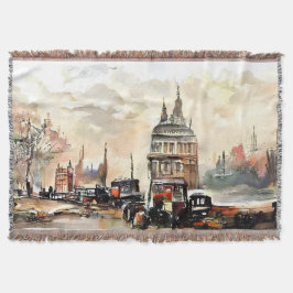 Vintage London Street Scene Art Throw スローブランケット