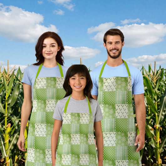 Vintage Look Green Yellow Ecru Patchwork  エプロン