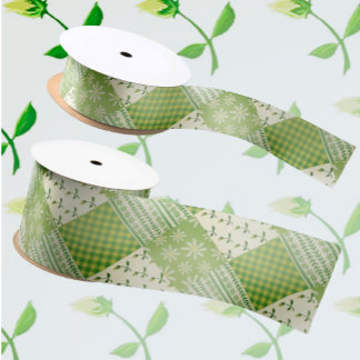 Vintage Look Green Yellow Ecru Patchwork  サテンリボン
