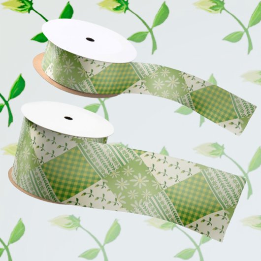 Vintage Look Green Yellow Ecru Patchwork  サテンリボン