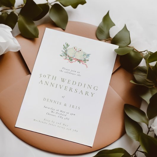 Vintage Love Birds 50th Wedding Anniversary 招待状