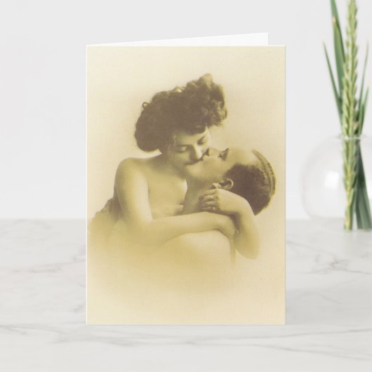 Vintage love couple kissing sepia illustration カード (正面)