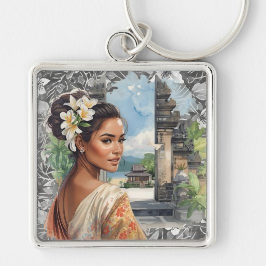 Vintage, Lovely Bali Women and Tropical Paradise キーホルダー (正面)