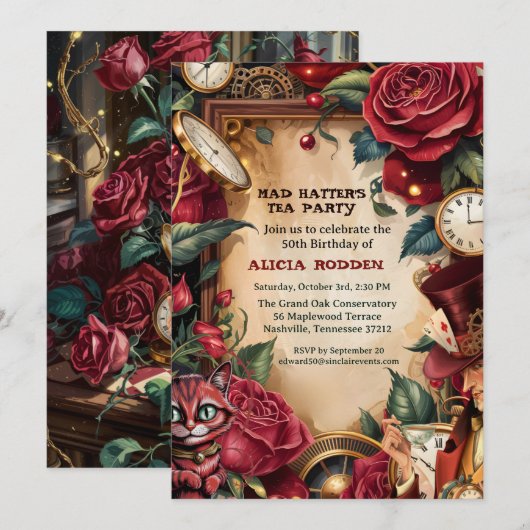Vintage Mad Hatter Tea Party Birthday  招待状 (正面/裏面)