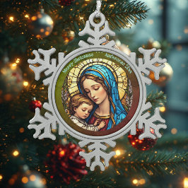 Vintage Madonna and Child Nativity Stained Glass  スノーフレークピューターオーナメント
