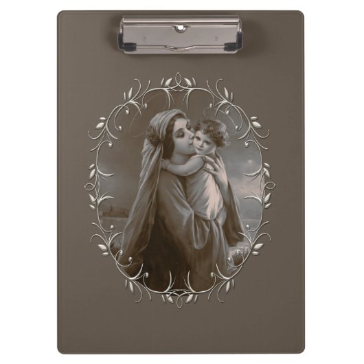 Vintage Madonna and Child with Silver Frame クリップボード (正面)