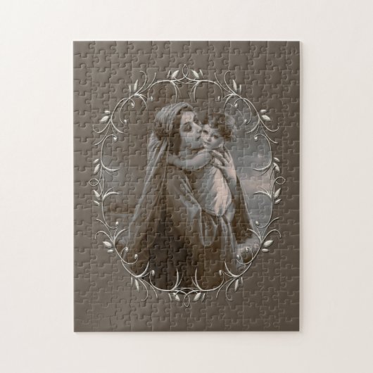 Vintage Madonna and Child with Silver Frame ジグソーパズル (縦)