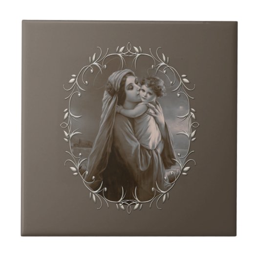 Vintage Madonna and Child with Silver Frame タイル (正面)