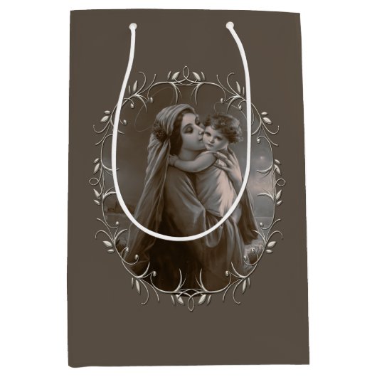 Vintage Madonna and Child with Silver Frame ミディアムペーパーバッグ (正面)