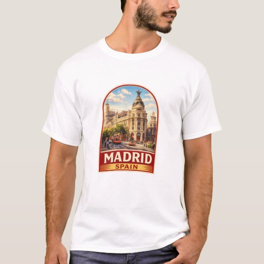 Vintage Madrid Spain Travel Poster Style Design Tシャツ (正面)