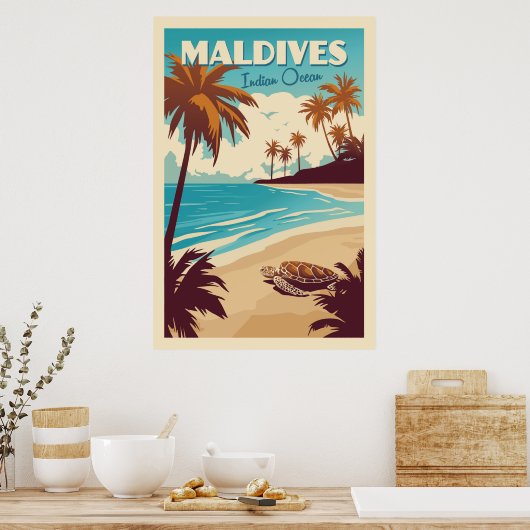 Vintage Maldives Sea Turtle Poster ポスター (キッチン)
