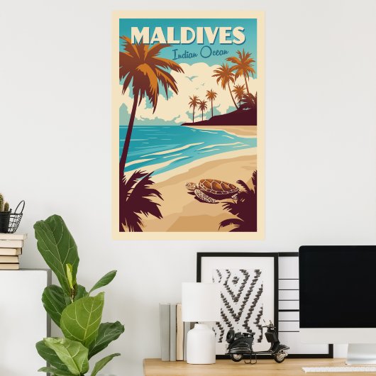Vintage Maldives Sea Turtle Poster ポスター (ホームオフィス)