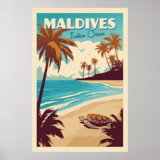 Vintage Maldives Sea Turtle Poster ポスター