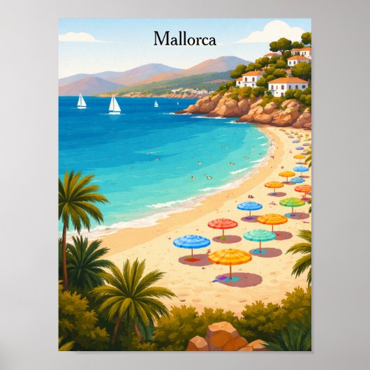 Vintage Mallorca Spain Travel Beach Illustration ポスター (正面)