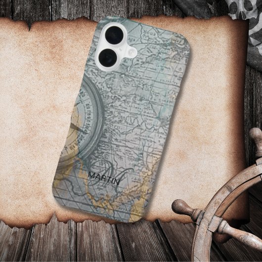 Vintage Map Compass Monogram iPhone 16ケース