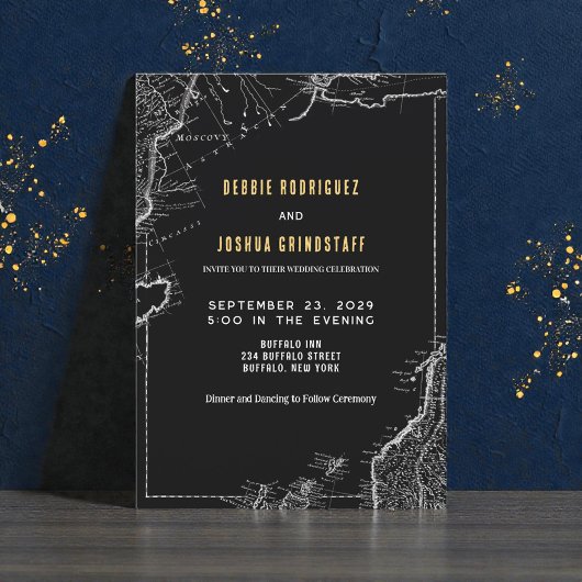Vintage Map Gold on Black Wedding Invitation 招待状