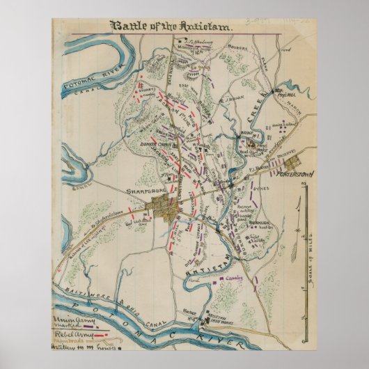 Vintage Map of Antietam Battlefield (1865) ポスター (正面)