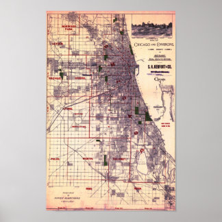 Vintage Map of Chicago Poster ポスター