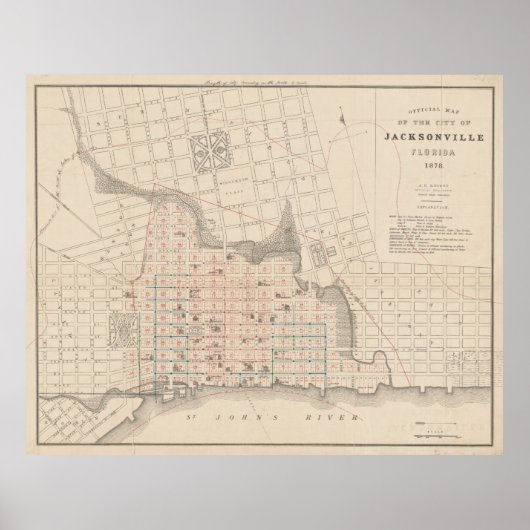 Vintage Map of Jacksonville FL (1878) ポスター (正面)