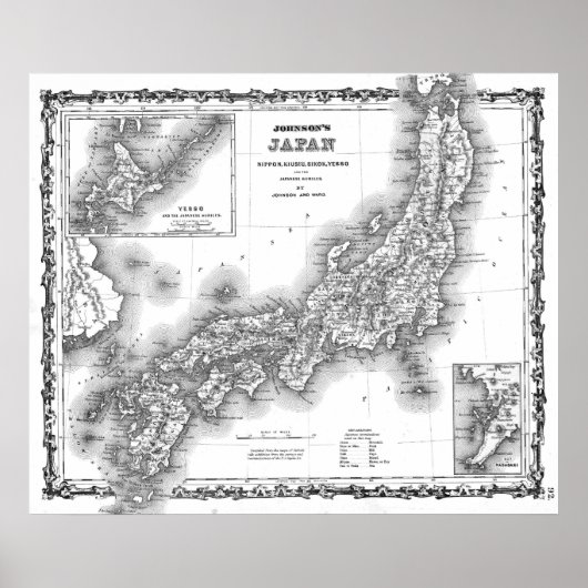 Vintage Map of Japan (1855) BW ポスター (正面)