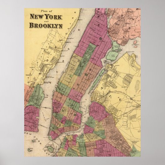 Vintage Map of NYC and Brooklyn (1868) ポスター (正面)