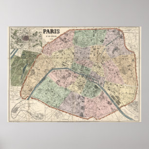 Vintage Map of Paris France 1878 ポスター