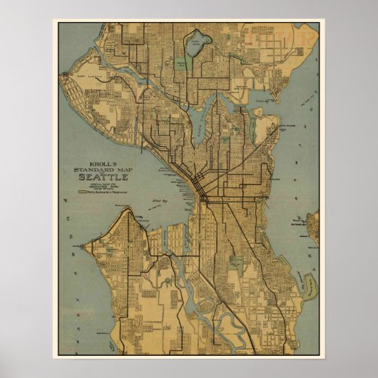 Vintage Map of Seattle Washington ポスター (正面)