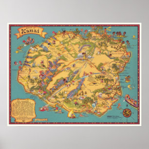 Vintage Map of the Island of Kauai ポスター