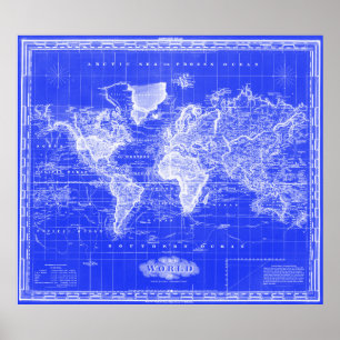Vintage Map of The World (1833) Blue & White ポスター