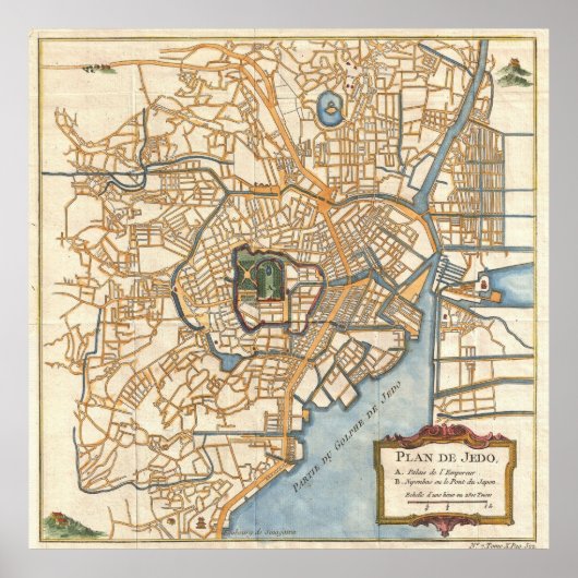 Vintage Map of Tokyo Japan (1752) ポスター (正面)