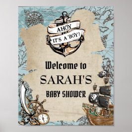 Vintage Map Pirate Treasure Baby Shower Welcome ポスター
