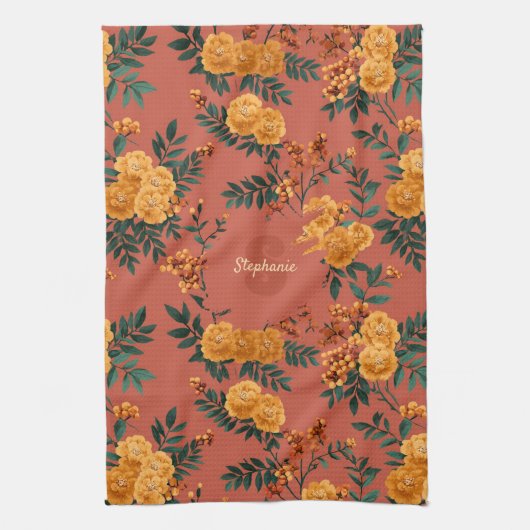 Vintage Marigold Calendula Floral Pattern キッチンタオル (縦)