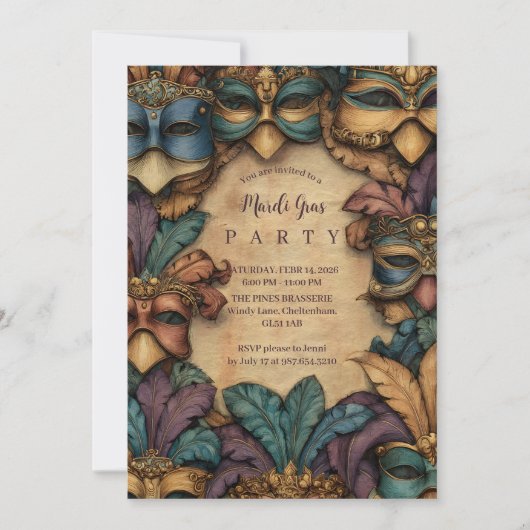 Vintage Masked Mardi Gras Masquerade 招待状 (正面)