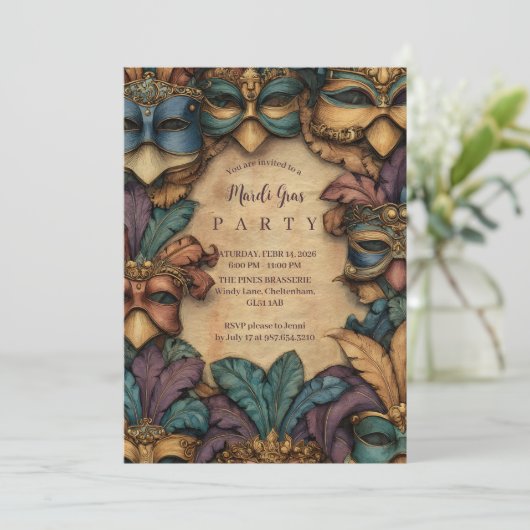 Vintage Masked Mardi Gras Masquerade 招待状 (スタンド正面)