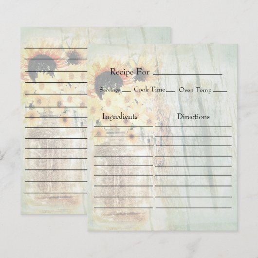 Vintage Mason Jar with Sunflowers Recipe Cards (正面/裏面)