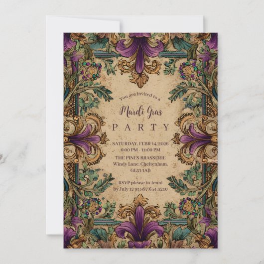 Vintage Masquerade Mardi Gras Elegance 招待状 (正面)