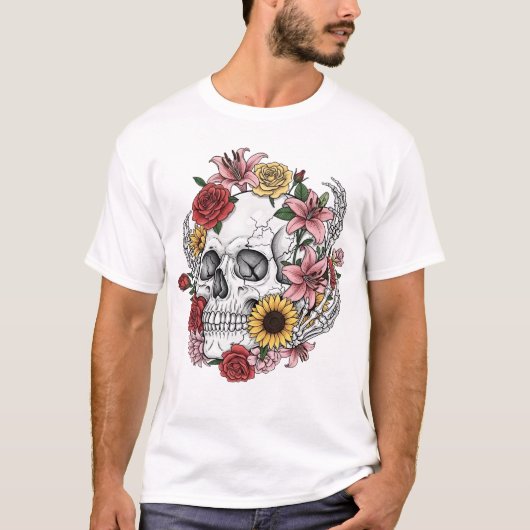 Vintage medical anatomy skull flower  tシャツ (正面)