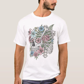 Vintage medical anatomy skull flower  tシャツ