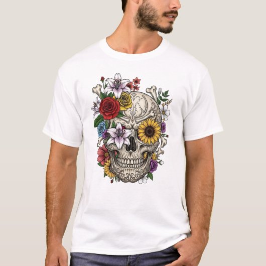 Vintage medical anatomy skull flower T-Shirt Tシャツ (正面)