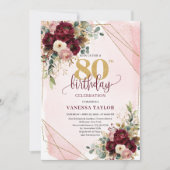 Vintage Merlot Blush Gold Flowers 80th Birthday 招待状 (正面)