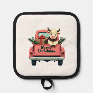 Vintage Merry Christmas Highland Cow in Pink Farm  鍋敷き