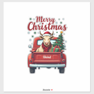 Vintage Merry Christmas Highland Cow Red Truck Hol シール
