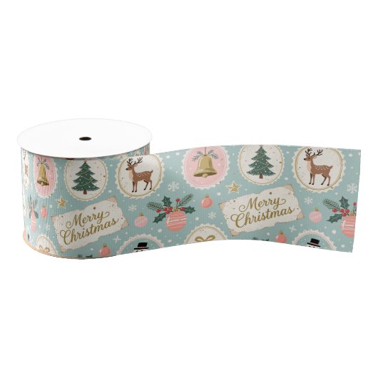 Vintage Merry Christmas Pattern Wrapping Paper グログランリボン (リール)