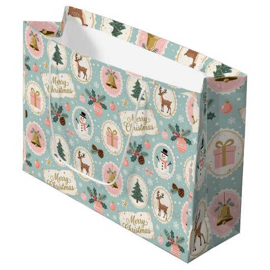 Vintage Merry Christmas Pattern Wrapping Paper ラージペーパーバッグ (正面アングル)