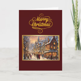 Vintage Merry Christmas with Snowy Town Card カード