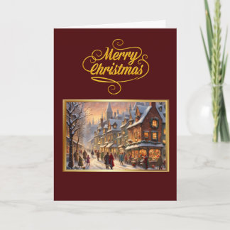 Vintage Merry Christmas with Snowy Town Card カード