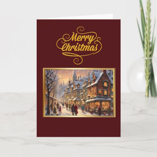 Vintage Merry Christmas with Snowy Town Card カード (正面)
