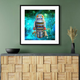 Vintage metal toy robot in blue galaxy cute retro ポスター